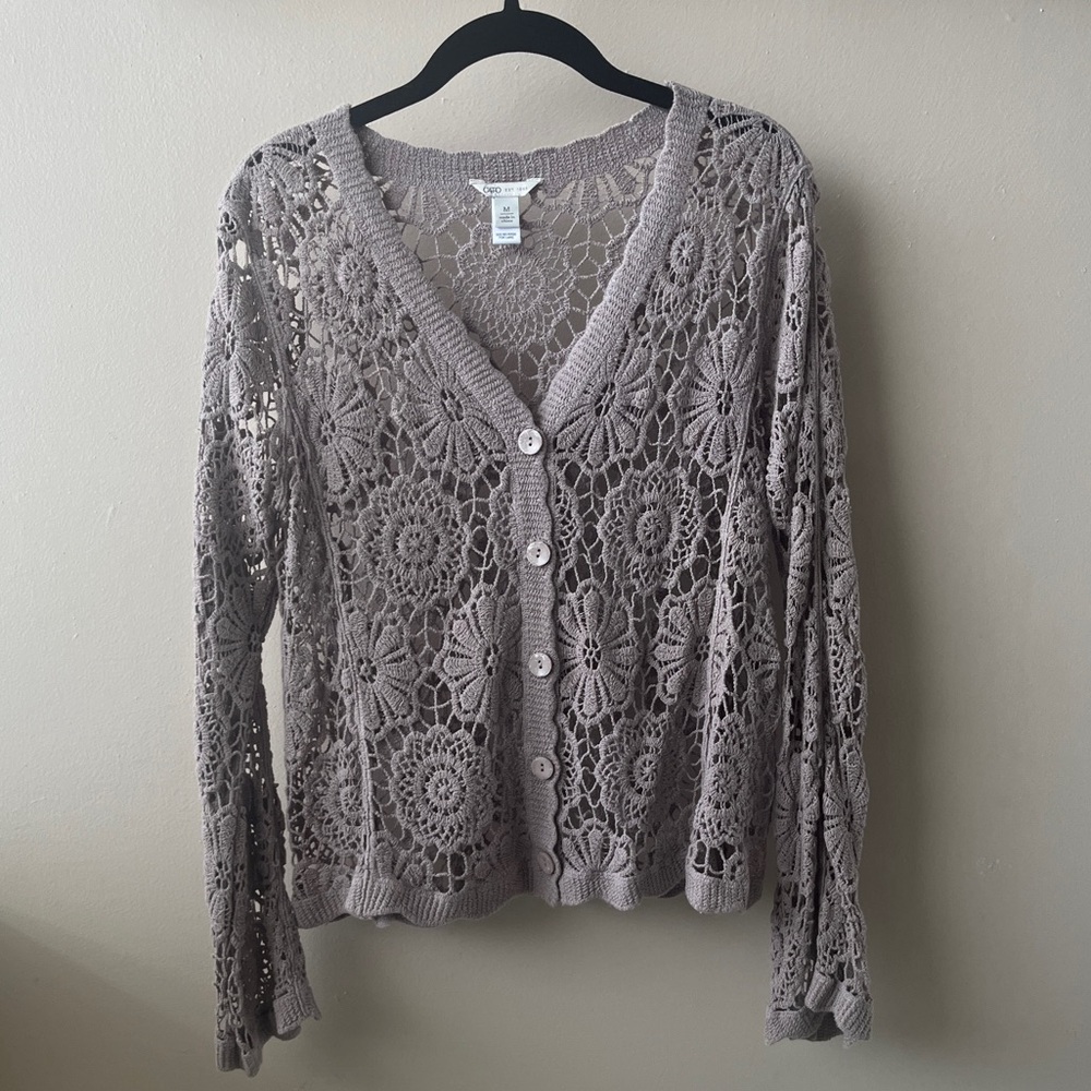 Cato Floral Crochet Cardigan in Taupe-Size Medium